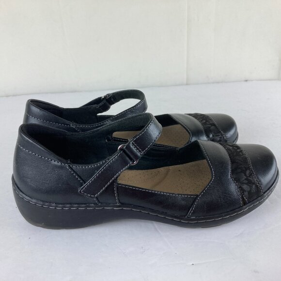 Clarks Collection Womens 8W Wide Black Leather Mary Jane Flats Comfort Shoes - Picture 4 of 8